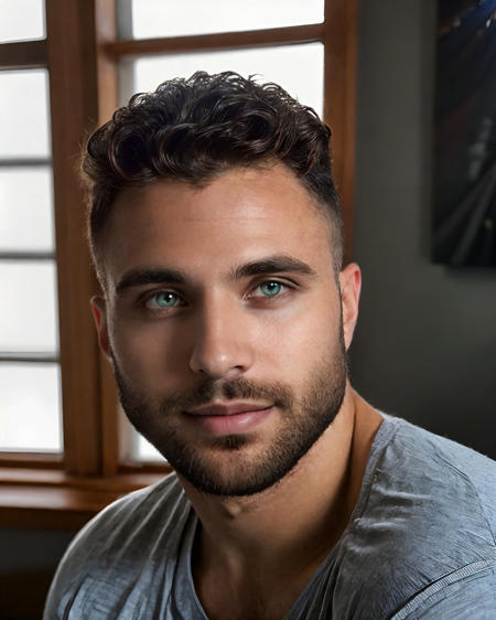 ASCII<lora:Green_eyed_man:0.7> photo of a man, face, looking away, young, curly hair, green eyes, sitting in chair, close up, open peasant shirt, hairy pecs, athletic, looking at viewer, face, dark bedroom, windows, close up portrait, high detail, realistic, high detail, 8k, (Masterpiece, high quality:1.3), masterpiece, depth of field, bokeh, detailed, homoerotic, (homoerotic), highly detailed, sharp focus, intricate, smooth, elegant, fantasy, cinematic lighting, cinematic, masterpiece, matte, photorealistic, 4k, beautiful, volumetric lighting, dramatic,