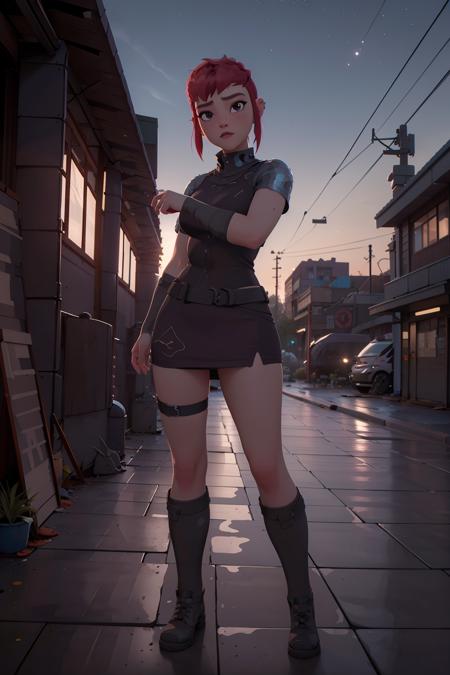 realistic, realism, photorealism, photo-realistic, high contrast, (photorealistic:1.4), 8k high definition detailed realistic, NSFW,(best quality, masterpiece:1.2),  photon mapping, radiosity, physically-based rendering, best quality, highly detailed, 1girl, nfnimona, full body, boots, outdoors, street, night, 
<lora:nfnimonav3-64:0.7>,