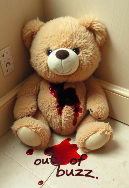 a fluffy teddy bear, torn apart, limbs and legs and head detached from its body, blood stain written on the floor saying "out of buzz"