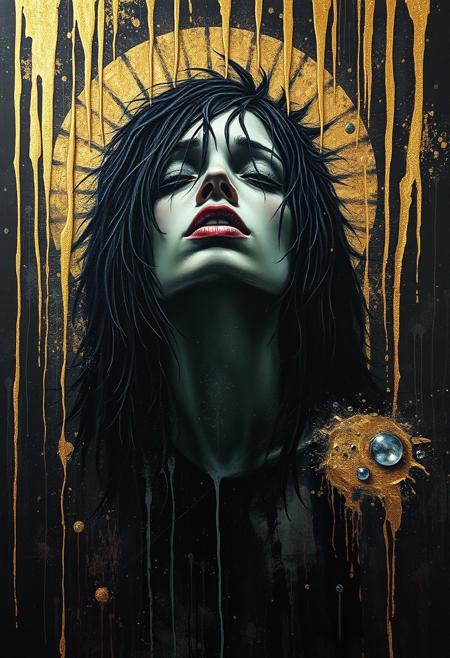 "Lost soul wandering hell" jeremy mann glitchcore painting by cavaraggio analog horror synthwave dynamic black backdrop tenebrism gold dripping glitter paint holographic dynamic pose movement motion full portrait beautiful cinematic 3D oil impasto dendritic epic high contrast movement contrast split contrast vivid line art blend of mediums decoupage