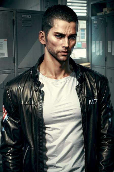 (masterpiece, best quality)
MaleShepard,  solo, short hair, blue eyes, shirt, black hair, 1boy, closed mouth, jacket, white shirt, upper body, male focus, open clothes, dark skin, black eyes, open jacket, black jacket, facial hair, dark-skinned male, t-shirt, beard, realistic, stubble, very short hair, leather, animification, undercut, locker, leather jacket, buzz cut
 <lora:epi_noiseoffset2:1> <lora:add_detail:0.5>  <lora:MaleShepard:0.8>