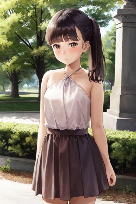 masterpiece, best_quality, 1girl, solo, halterneck, lowleg skirt, ash brown hair, bulbous body, in a park