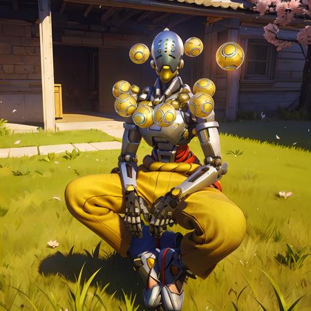 zenyatta, yellow pants, sandals, overwatch, omnic, robot, outside, sakura blossoms, slanted eyes, blue lights, orbs, red fabric, (masterpiece, high quality, best quality), (sitting in grass:1.5)