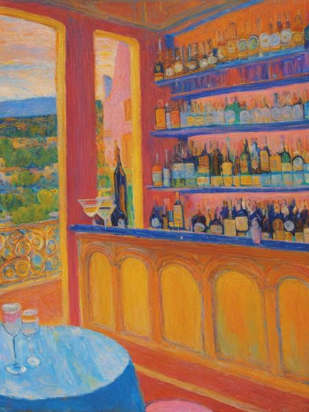 <lyco:PierreBonnard:1.0> Pierre Bonnard style painting of a cocktail bar in Reddish Pink, light pink, light blue, orange, gold, bright blue