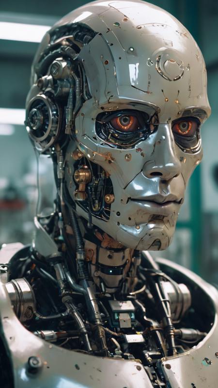 Cyberpunk, sci-fi, fantasy, kodak portra 400, 8k, soft light, volumetric lighting, highly detailed, britt marling style 3/4, portrait photo of a war man cyborg robot in a chemical laboratory + face, face is The most beautiful star in africa, intricate, elegant, highly detailed, devil armor, 2D motifs dÃ©tails digital painting, artstation, concept art, smooth, sharp focus, illustration, art by Otomo Katsuhiro and ShirÅ Masamune and Oshii Mamoru. Cosmic light in backfront