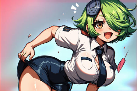 otonashi kiruko, green hair,short hair, brown eyes, hair over one eye, hair ornament,