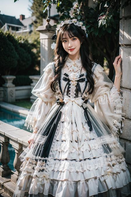 best quality, masterpiece, photorealistic, 1girl, solo, standing, black hair, straight hair, blunt bangs, looking at viewer, smile, lo dress, layered dress, long dress, lace-trimmed dress, frills, lace, long sleeves, puffy sleeves, wide sleeves, see-through sleeves, veil, hair ornament, in garden, flower, detailed background, <lora:lo_dress_classic_style2_v2:0.65>