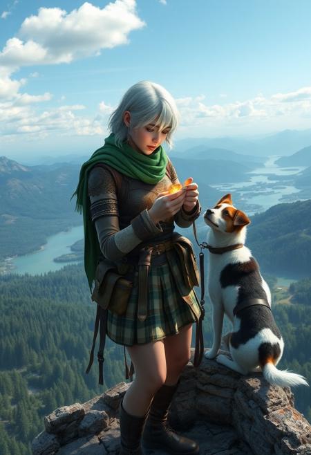 hi resolution, photorealistic digital artwork featuring a woman with short, white hair and fair skin. She is dressed in a rugged, adventurer's outfit consisting of a green scarf, leather armour, and a short plaid skirt. She has various pouches and equipment attached to her belt. The setting is on top a a tall gothic tower, she is examining a mystical amulet, her dog, with a white and black coat watches. From the top of the tower a majestic panorama of forests, lakes and mountains unfolds below her