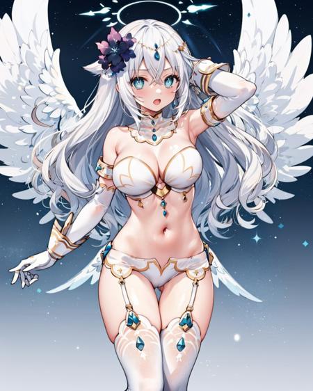 1girl,solo,huge breasts, 
blackg,hair flower,angel,halo,angel wings,midriff,white gloves,hair ornament,white thighhighs,power symbol-shaped pupils,open mouth,jewelry,garter straps,white underwear,
 <lora:BlackHeart2in1:1>,