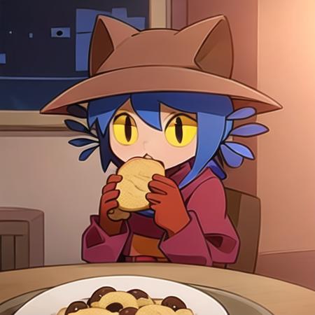 <lora:niko_1:1>, masterpiece, ((eating cookies)), best quality,  niko, yellow eyes, person, red hat, hat, red dress, blue hair, indoors background,