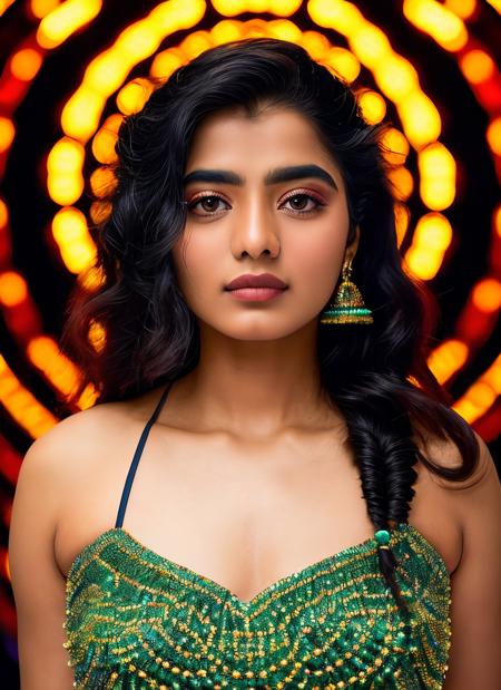 portrait of skswoman, contempt , wearing beaded , with titian Fishtail braid , background cosmic epic (photo, studio lighting, hard light, sony a7, 50 mm, matte skin, pores, colors, hyperdetailed, hyperrealistic), <lyco:Ketika Sharma:1.1>