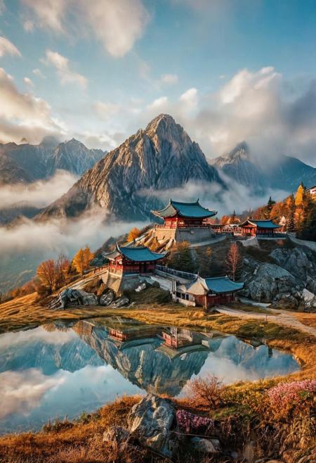 their peaks veiled in mist. mixed media, surrealism, great lighting, A surreal landscape highly detailed . extremely high-resolution details,  appears trapped in an optical illusion of reflections and refractions colorful , mountains and Korean village in Korea, professional photography, natural lighting, volumetric lighting maximalist. intricately detailed, complex, elegant, expansive, fantastical, film photography style,  medium grain