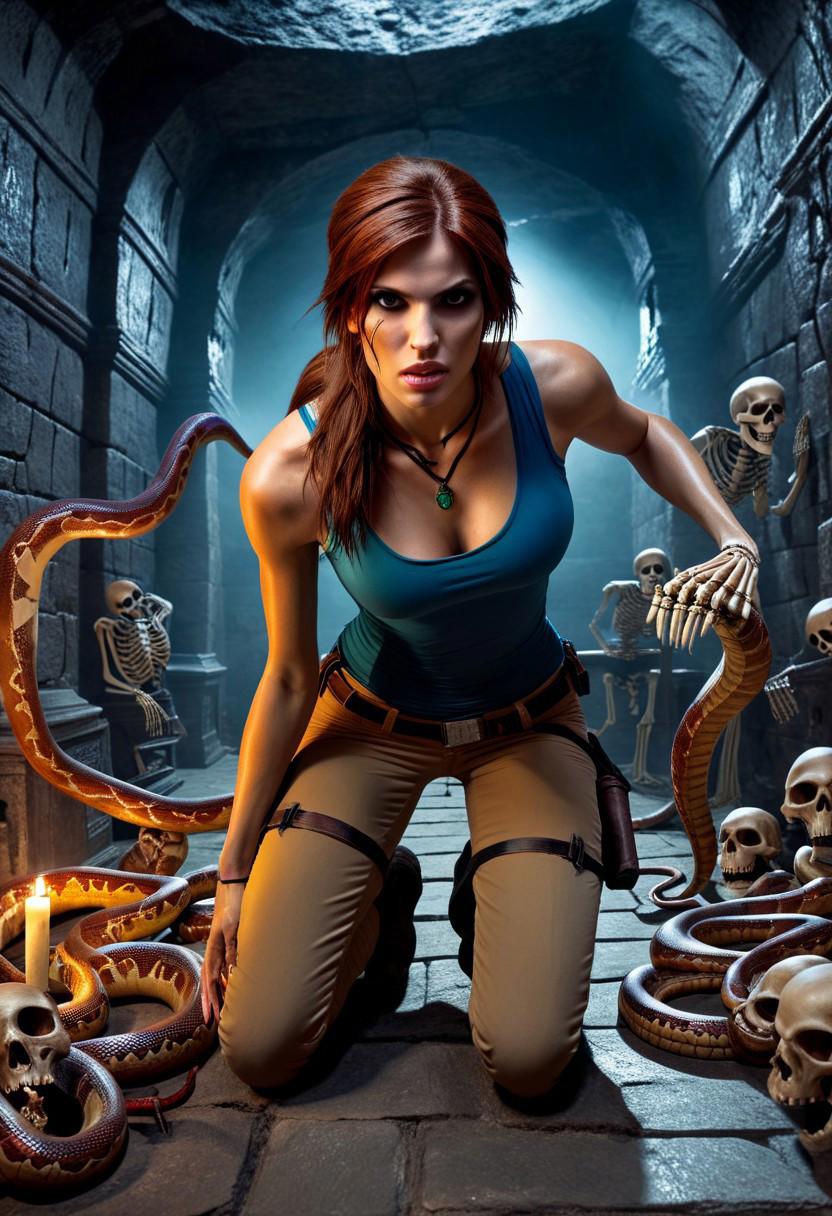 Real Life, realistic, extremely detailed digital_photography, realistic_lighting, 
Lara Croft, spooky sexy pose,
long auburn hair, 
in a spooky dungeon, skeletons and corpses, snakes, ghosts in the background