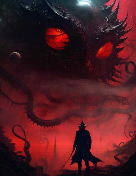 EdobHorrorLandscape, fog, saliva, goggles, simple background, tentacles, fog, moon, forest, goggles, red sky, dragon, ambiguous gender, extra eyes, male focus, fantasy, sharp teeth, silhouette, spikes, mask, planet, saliva, dark, <lora:EdobHorrorLandscape_XL_v1.0:0.8>