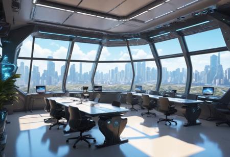 futuristic classroom, cyberpunk equipments; bright and cozy; large & crystal clear windows
