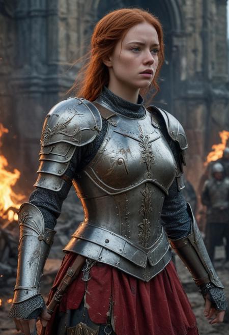 High resolution ultra-realistic of Beautiful Warrior Sadie Sink as Joan of Arc, 8k, capturing the intensity of the moment, cinematic lighting, standing on a bloody and stormy battlefield in bloody battle, wavy red hair, realistic dirty pale face, realistic blue eyes,  beautiful hourglass figure, burning in a medieval Town, intricately designed iron and silver armor, red mini skirt, Dark Ages Aesthetic, perfect athletic figure, beautiful Warrior Joan of Arc, fire, ultra realistic, cinematic style, vigorous and seductive, athletic figure, dark fantasy, dramatic lighting, wet and sweaty skin, dirty skin, athletic figure, dark fantasy, dramatic lighting, Greg Rutkowski style,, Warrior Joan of Arc on in iron armor, hyper-detailed, hyper-realistic, bright colours, Attractive 21 old years girl, Attractive, beautiful firm Breasts, sharp focus, digital painting, Photograph Taken on Nikon D750, Alphonse Mucha, 8K, athletic figure, Hyperdetailed, hyperrealism, Attractive, Attractive bust girl, asymmetric balance