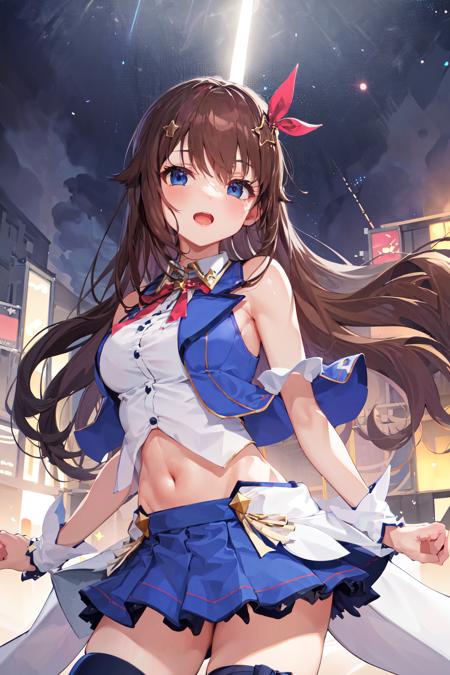 masterpiece, best quality, highres, 1girl, tokino sora, virtual youtuber, skirt, blue vest, shirt, long hair, red ribbon, blue eyes, ribbon, brown hair, sleeveless, cropped shirt, hair flaps, white shirt, hair ornament, sleeveless shirt, thighhighs, blue skirt, star (symbol), pleated skirt, cropped vest, hair ribbon, vest, navel, blue thighhighs, midriff, miniskirt, wrist cuffs, star hair ornament, thigh ribbon, waist cape, collared shirt, hairclip, crop top, bangs, neck ribbon, leg ribbon, breasts, bare shoulders, <lora:tokino_sora_v2:0.7>,