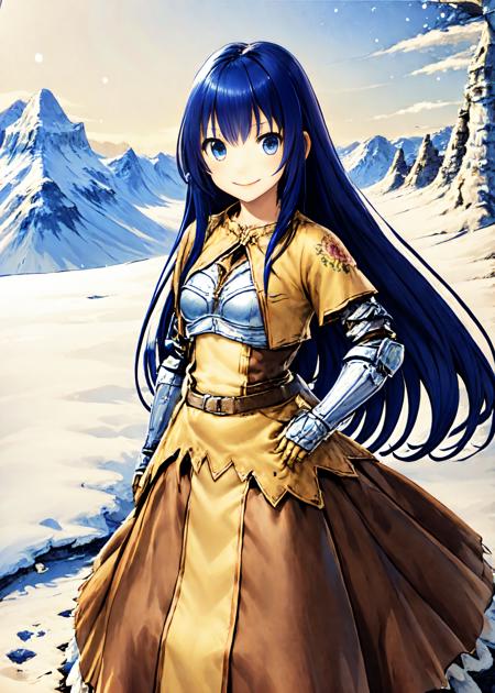 swdro, armor, yellow skirt, brown dress, flora print, rose print, armored dress, boots,
looking at viewer, 1girl,
 long hair, blue eyes, blue hair,
standing, hand on hip, upper body, smile
moutain, tundra, sun, lakeside, snow,
 <lora:swordsmanRO_V2.18:0.74>,