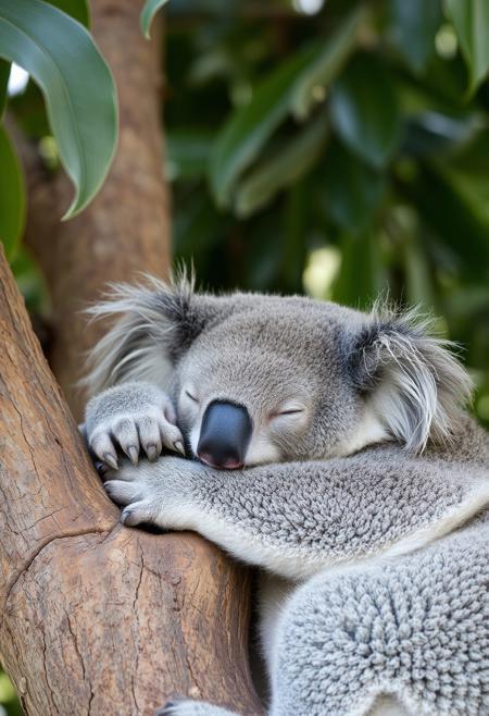 koala sleeping on a tree, close up