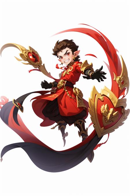 white background, xiyou, 1boy, solo, full body, short hair, brown hair, grin, red eyes, ears, looking at viewers, red shirt, gold pauldrons, black gloves, holding a red trident, red bloomers, gold Ankle, red ribbons