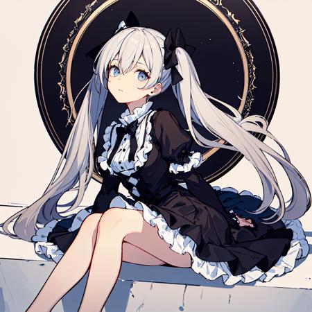 (masterpiece),(bestquality),(illustration),1girl, solo,((anextremelydelicateandbeautiful)),((littlegirl)),cute,expressionless,beautifuldetailedeyes,greyeyes, silverhair,short twintails, ((very_long_hair)),{{Gothic_Lolita}},black_whiteskirt, bowtie, hair bow, [flying butterfly], ink and wash painting,,<lora:ysz:0.8>