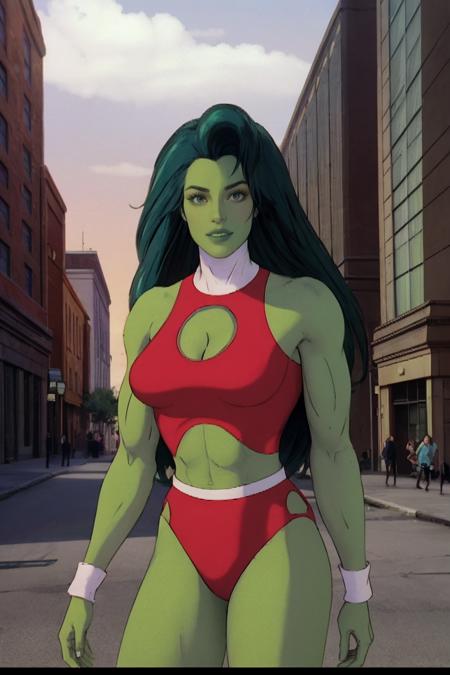 straight-on,pose,looking at viewer,solo, BREAK, CARTOON_shehulk90s_redtop_ownwaifu, www.ownwaifu.com, very long hair,  long hair,(green skin:1.2),colored skin,breasts,green hair,muscular, large breasts, makeup,lips,big hair,muscular female,abs,collarbone,lipstick,eyeshadow,navel,green eyes, abs, tall female, crop top, cleavage cutout, midriff, red leotard, leotard, cleavage, tank top,     <lora:CARTOON_shehulk90s_ownwaifu-15:1>,        official art,extremely detailed CG unity 8k wallpaper, perfect lighting,Colorful, Bright_Front_face_Lighting,shiny skin, (masterpiece:1.0),(best_quality:1.0), ultra high res,4K,ultra-detailed, photography, 8K, HDR, highres, (absurdres:1.2), Kodak portra 400, film grain, blurry background, (bokeh:1.2), lens flare, (vibrant_color:1.2),professional photograph, (beautiful_face:1.5),