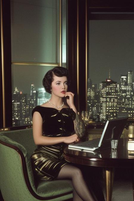 EasyNegativeV2: Vintage film's still, featuring a distinguished man in formal attire from the Roaring Twenties, seated at a mahogany writing desk in a luxurious Art Deco penthouse, the glittering skyline of New York City visible through the panoramic windows, as he pens a letter with an air of quiet contemplation.