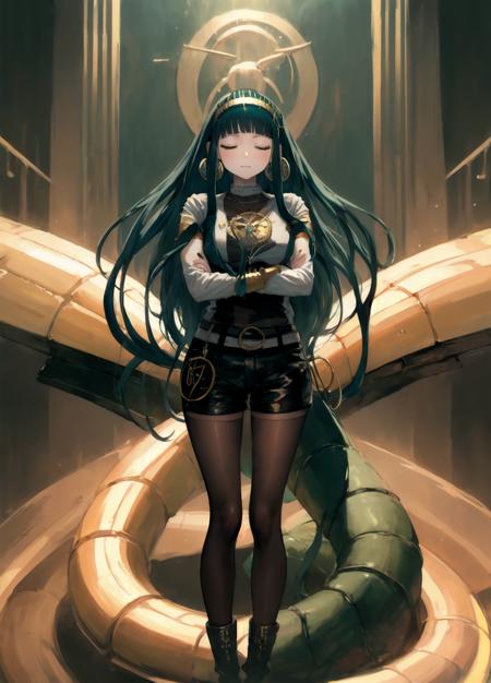 masterpiece, best quality, anime illustration, highly detailed, 2d, nice hands, (cleopatra_\(fate)\:1.3), fgocleo, (cleomain:1.2), long sleeves, short shorts, brown pantyhose, egpytian style A musical concert environment, 1girl, long hair, blunt bangs, bangs, green eyes, very long hair, green hair, hairband, jewelry, earrings, hoop earrings, breasts, medium breasts, closed eyes, floating, levitating, hovering, crossed arms, <lora:envybetterhandsLocon_beta2:0.6>