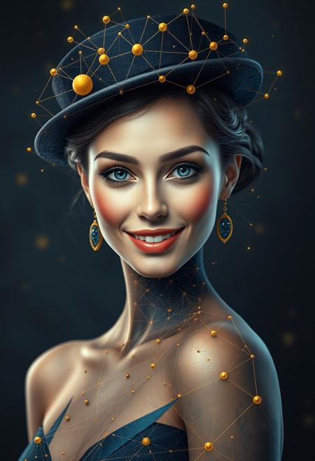 a photorealistic depiction of a beautiful refined female with perfect physique and charming face. The image is adorned with intricate geometric patterns and golden dots connected by fine lines, forming a network of constellations across the figure's smily face and hat. The lower part of the figure dissolves into abstract shapes, blending seamlessly with the background. The use of gold and blue accentuates key features, adding a futuristic and surreal quality to the image. Art style: digital art, by artist Rafal Olbinski and artist James Jean.