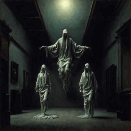 medium shot, painting of white!! blurry!! half-transparent ghostly human figures, floating, levitation, dark academia aesthetic, Hogwarts, magic vibes, soft lighting, by George Roux, by Vermeer, by Monet, by oil on canvas, Royal Academy, masterpiece, trending on artstation, cinematic composition, dramatic pose, beautiful lighting, sharp, details, hyper-detailed, HD