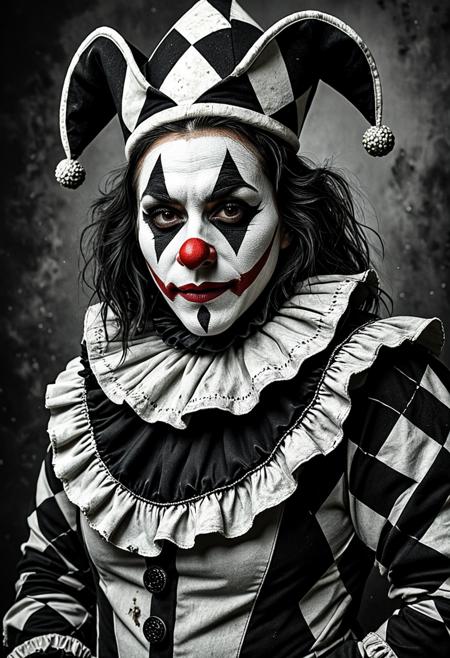 A dramatic, grayscale portrait of a female figure wearing a weathered jester mask and costume. The mask features a classic harlequin diamond pattern over one eye. The jester's hat has drooping points with a ball at the end. The costume has a large, ruffled collar. The entire image has a distressed, aged look, with the mask and costume appearing cracked and worn, as if they've been through decades of wear. The background is textured and mottled, adding to the aged and mysterious atmosphere. High detail, artistic style., flux-style   <lora:hands5g:0.5> <lora:aidmaFluxStyleXL-v0.2:0.7>