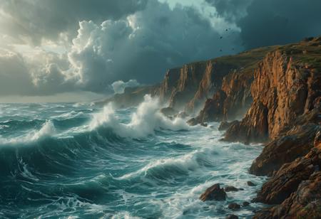 Create a photorealistic image of a stormy coastal scene. The image is dominated by enormous sea cliffs, towering out of frame, the rocks slick with seaspray. Enormouse waves crash into the cliffs, breaking at immense height, seaspray driven by the wind. The sky above is full of roiling storm clouds, a vibrant tissue of hues and textures captured digitally, best quality, double exposure, realistic, captivating, fantastical, splash art, intricately detailed, hyper detailed, maximalist style, photorealistic, concept art, sharp focus, harmony, serenity, calm, mysterious glow, dynamic lighting, masterpiece, superb composition, finest details, highest aesthetics, mystical glow, best quality, sharp focus, high contrast, stylized, clear, colorful, ultra quality, 8k, best quality, a masterpiece, award winning