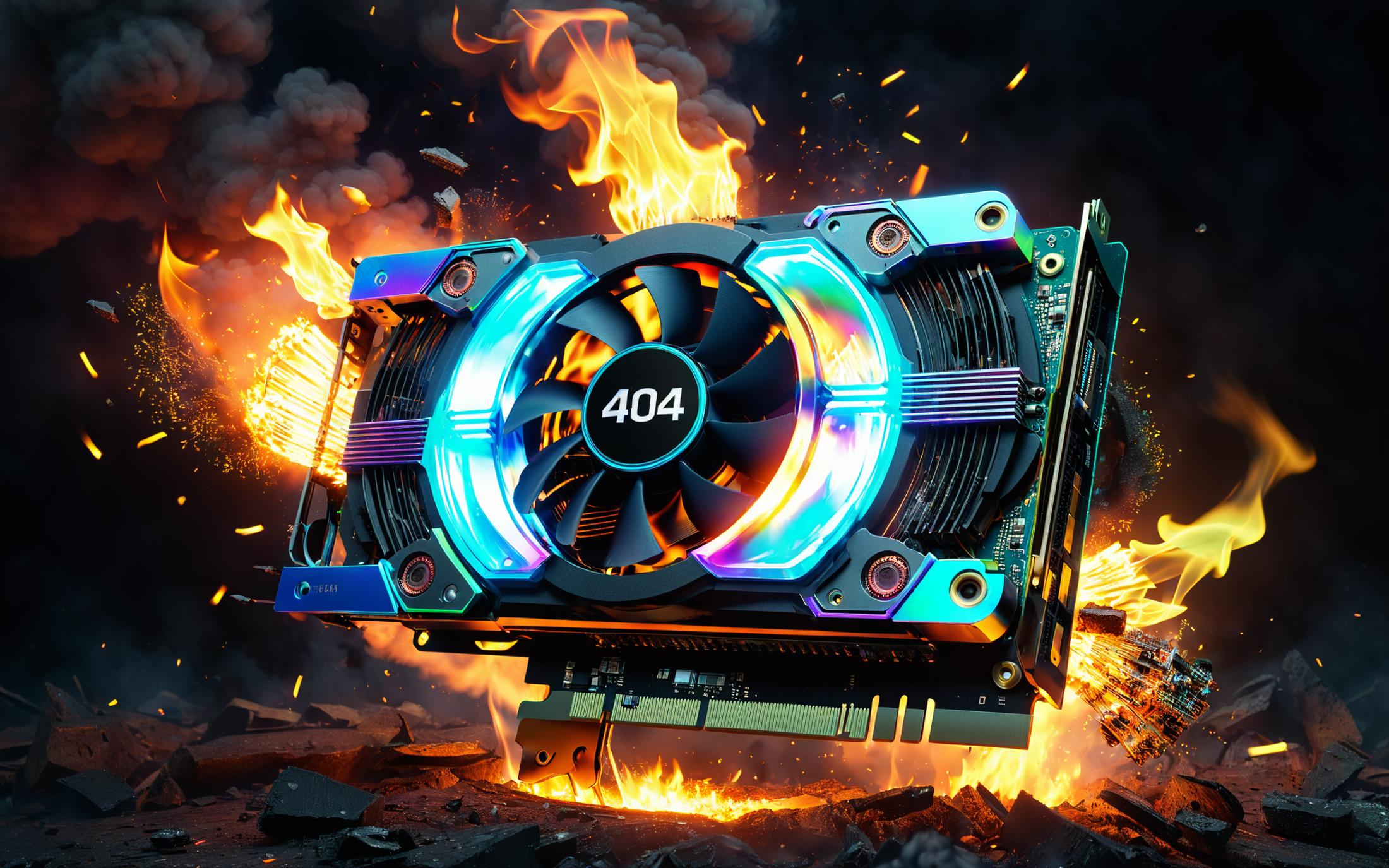 A computer component with the number 404 on it, surrounded by a fiery background.