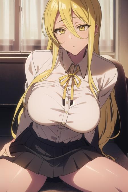 shizukamarikawa, <lyco:shizukamarikawa-LYCORIStest:1>,
shizuka marikawa, long hair, blonde hair, very long hair, low-tied long hair, (yellow eyes:1.5), hair between eyes,
BREAK skirt, shirt, long sleeves, ribbon, white shirt,
BREAK looking at viewer,
BREAK indoors, classroom,
BREAK <lora:GoodHands-vanilla:1>, (masterpiece:1.2), best quality, high resolution, unity 8k wallpaper, (illustration:0.8), (beautiful detailed eyes:1.6), extremely detailed face, perfect lighting, extremely detailed CG, (perfect hands, perfect anatomy),