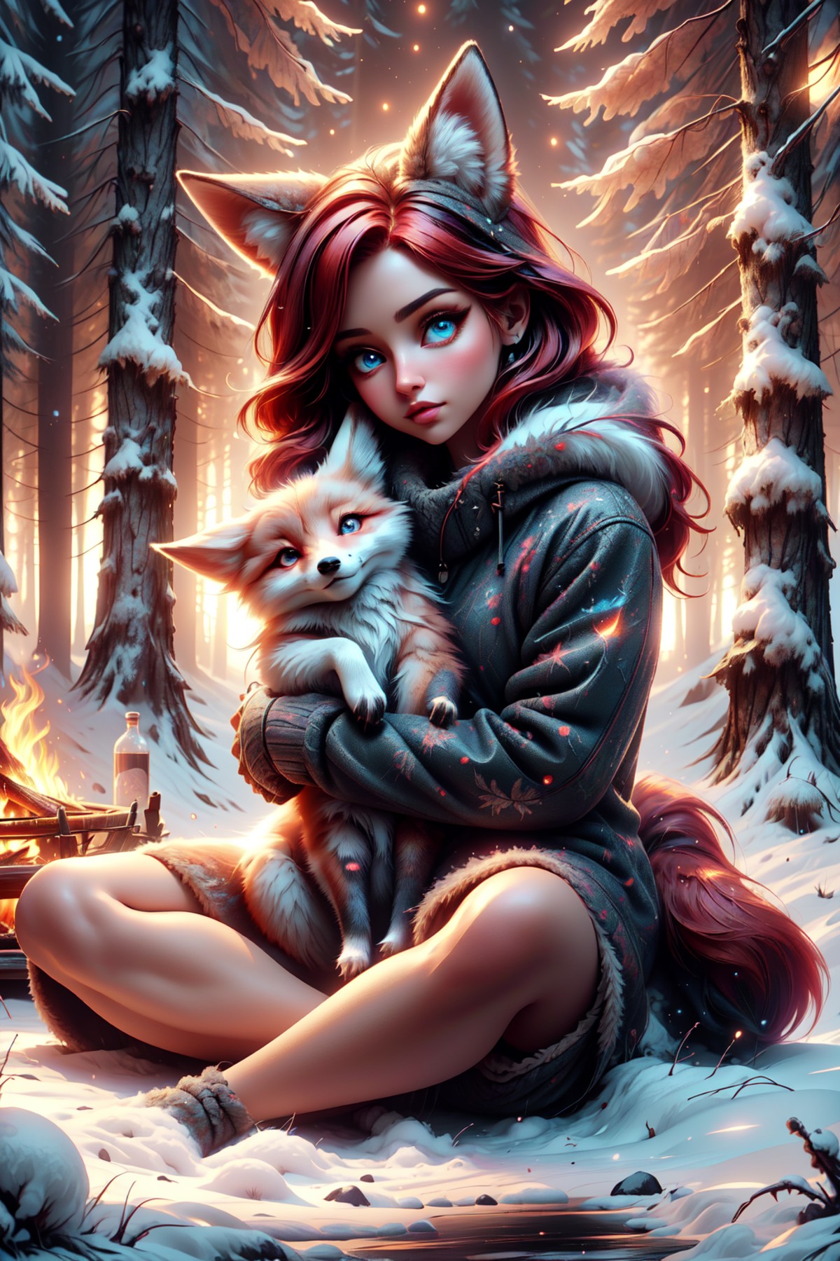 a beautiful girl with a cute pet fox, red hair, european, in a winter forest, warm fur clothes, (perffect eyes), fully clo...