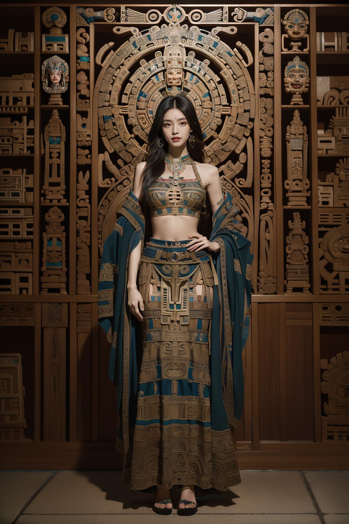 A woman in a blue dress poses in front of a wooden structure.