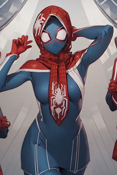 MalalaWindsor, 1girl, solo, hood, blue bodysuit, mask, animification, spider web print, medium breasts, 