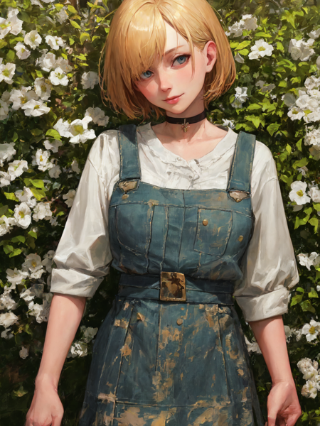 (realistic,painting_style,) mature, amelia watson, virtual youtuber, short hair, blonde, choker, masterpiece, best quality, cowboy_shot, standing, realistic eyes, head tilt, smug, looking_at_viewer, mountain, holding_flowers