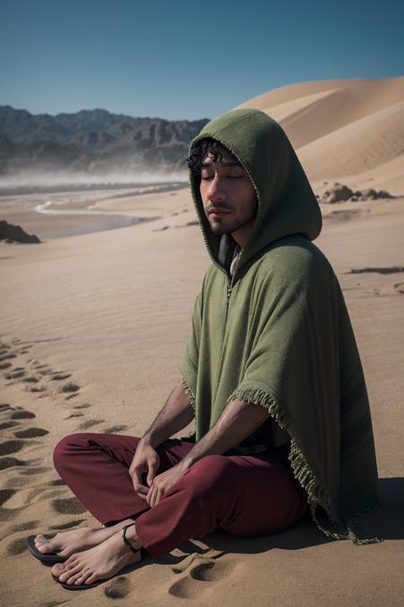 BrunoMadrigal,  1guy,  green poncho,  hooded,  hidden face,  shirt,  sitting on floor,  full body,  meditating,  closed eyes,  sand,  lots of sand,  pants,  flipflops,  masterpiece,  highres,  sharp focus,  backlighting,  natural lighting,  sandstorm,  detailed face,  detailed eyes, <lora:EMS-13102-EMS:0.300000>, , <lora:EMS-42111-EMS:1.000000>