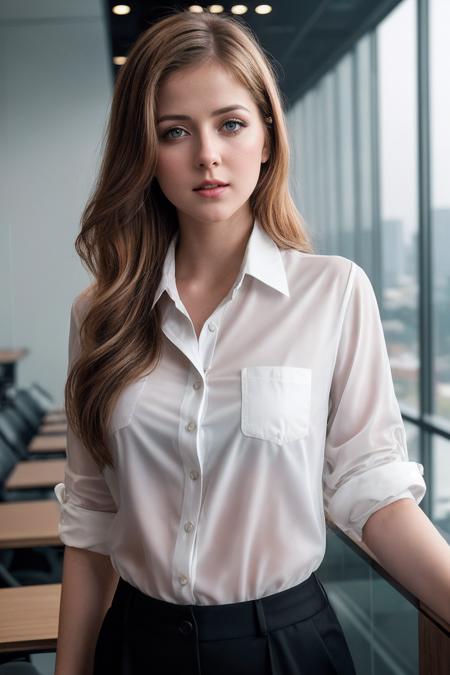 AbigaileJ_SoloTI_v1,
(In a crisp white button-up shirt, with a sleek black tie, for a professional and authoritative look), (A modern law firm during the day, with glass walls and polished wood desks, colleagues engaged in intense discussions, focused atmosphere:1.3), (seductive:1.3),(analog, cinematic, film grain, hazy atmosphere, cinematic shot:1.3),
 <lora:add_detail:0.6>, A lively and attractive girl with chestnut hair that flows like a river and captivating honey-colored eyes that sparkle like stars,
photorealistic, masterpiece, high quality,  artistic, unique, award winning photograph, professional, 8k, RAW photo, best quality,flattering, (cinematic:1.3)
medium full body shot,shot at eye level, model style photography setting,
shallow DOF, depth of field,sharp focus,, PA7_Portrait-MCU,