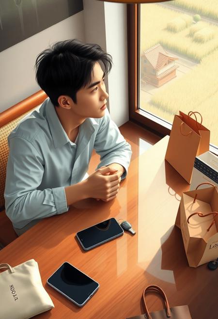 Overhead shot: café table scattered with latest smartphone/luxury car keys/designer shopping bags, but Asian young man gazing out window with empty expression, reflection on table shows simple rice field cottage, soft focus background, warm-cool color conflict, minimalist composition, Zen illustration style --ar 3:2