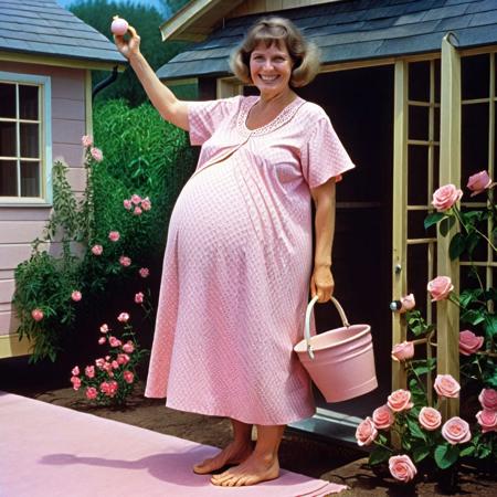 full-body photo of a very pregnant smiling elderly woman. She is wearing a pink maternity dress. She is standing barefoot, her legs and feet very swollen.