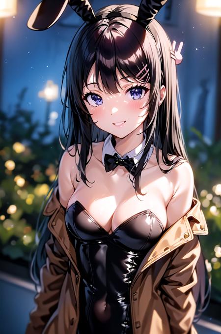 (masterpiece,best quality, detailed), outdoors, night, garden, 1girl, solo, looking at viewer, cowboy shot, smile, ((upper body)),
sakurajima mai, rabbit ears, detached collar, black leotard, hairclip, black bowtie, black hairband, rabbit hair ornament, off shoulder, brown jacket