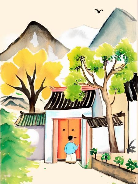 ((masterpiece:1.4,best quality)) picture book, a man and a woman standing outside a house with a tree in the background and a mountain in the background, watercolor texture, children drawing, black stroke outline , ink texture,  chinese village scene <lora:picture_book-000001:0.8>