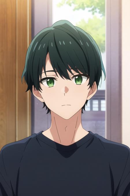 masterpiece, best quality, , 1boy, solo, male focus, looking at viewer, upper body, , <lora:tasuku_kuresawa:0.70>, tasuku_kuresawa, black hair, , green eyes, shirt,