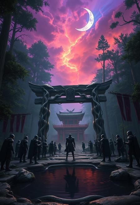 In the heart of a vast, ancient forest, a colossal torii gate stands, its wood fused with twisted, sinewy tendrils, more organic than crafted. This gate marks the entrance to a hidden temple, its structure a grotesque blend of stone and living tissue, as if the forest itself has consumed it. Above, the sky churns in unnatural hues of deep purple, searing orange, and electric blue, illuminated by the violent energy of a battle raging beyond.
Gathered at the gate are warriors clad in armor resembling biomechanical exoskeletons, their faces obscured by shadowed visors, eyes cold and alien. Drawn by whispers of an ancient, pulsing artifact, they stand ready, their weapons extensions of their very bodies.
The air is thick with a palpable tension, as though the forest is a sentient entity, watching, waiting. Nearby, a pond of dark, viscous liquid reflects the distorted sky and the flickering lights of distant combat. A crescent moon, sharp as a blade, casts jagged, shifting shadows across the twisted landscape.
The warriors exchange silent, synchronized glances, their purpose unified. With a final nod, they advance toward the gate, their movements precise, mechanical, and unwavering. They march into the unknown, prepared to face the biomechanical horrors that await, their resolve as unyielding as the twisted, surreal world that surrounds them.