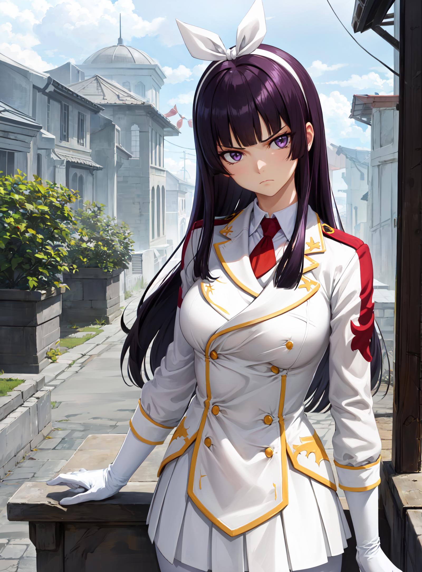 Anime character in a white and red dress standing in front of a building.