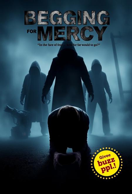 “Movie poster for a suspense thriller titled ‘Begging for Mercy.’ In the foreground, a distressed person is kneeling on the ground, hands reaching out in desperation. Shadowy, menacing figures loom in the misty background, creating a tense, eerie atmosphere. Dark, muted colors dominate the scene—deep blues, grays, with slight red accents. At the top, the title ‘Begging for Mercy’ appears in bold, gritty font, with a tagline underneath that reads, ‘In the face of fear, how far would you go?’ A yellow or neon ‘buzz’ symbol is included to add intrigue and energy. In the lower corner, there’s a spotlight or badge with the phrase, ‘Give me buzz ppl,’ as a playful call to action. The overall mood is haunting and suspenseful, emphasizing danger and mystery.”