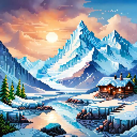 <lora:pixel_stormXL:1>,pixel art,
glacier scene,house,shining,nature light,Fantastic light and shadows,