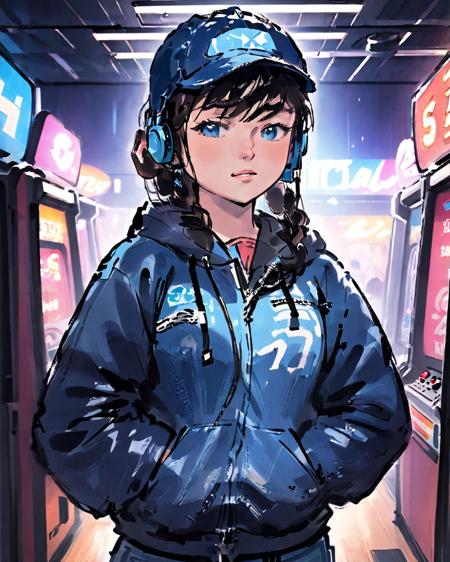 ((masterpiece)),(((best quality))),((illustration)),(depth of field:1.2),
solo,dynamic angle,(1 girl:1.3),bangs,headphones,blue eyes,black hair,(disheveled hair),Baseball cap,(jacket|hoodie),jeans,thigh strap,hands in pocket,cowboy shot,
Moody Lighting,(arcade games:1.1),(Game Center:1.5),(Game Hall:1.1),(backlight:1.3),intricate detail,cyberpunk,slot machine,claw crane game machine,(crowd:1.1),
(Pixel particles exploding:1.2),
traditional_ink_painting,<lora:traditional_ink_painting-000007:1>,